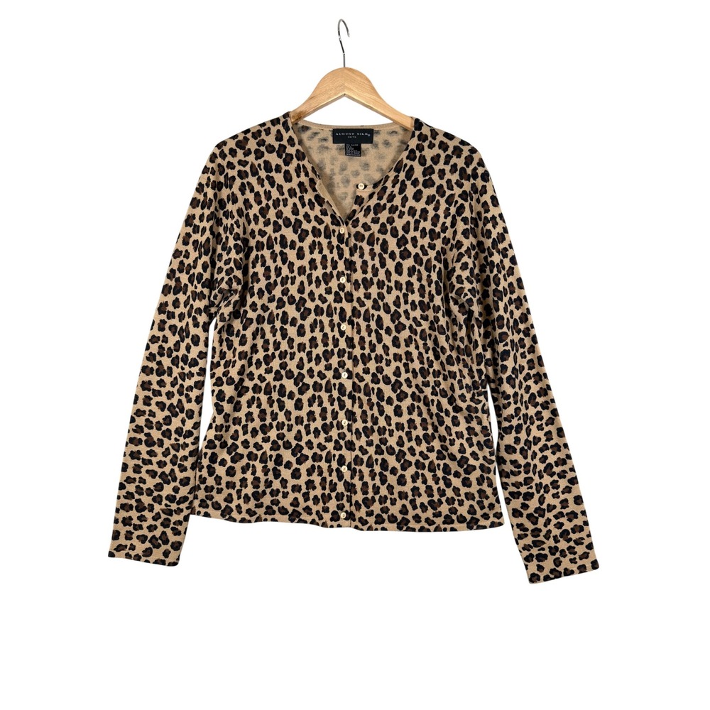 August Silk Cardigan Sweater Large Tan Leopard Print All Silk Knit Day to Night